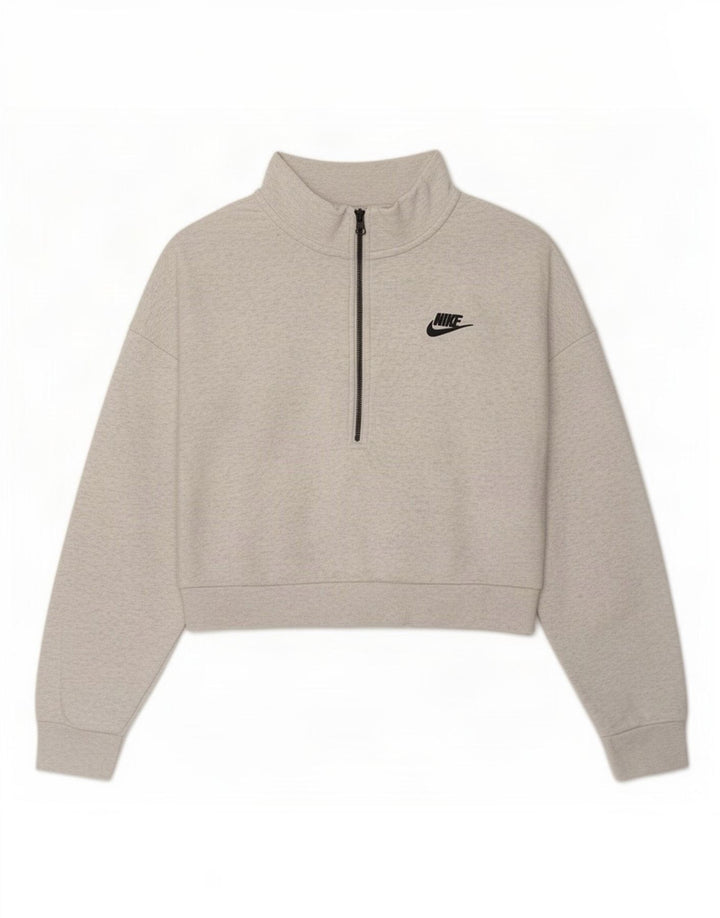 Nike Womens Oversized Crop Zip Neck Sweatshirt Jumper UK 14 Medium Grey