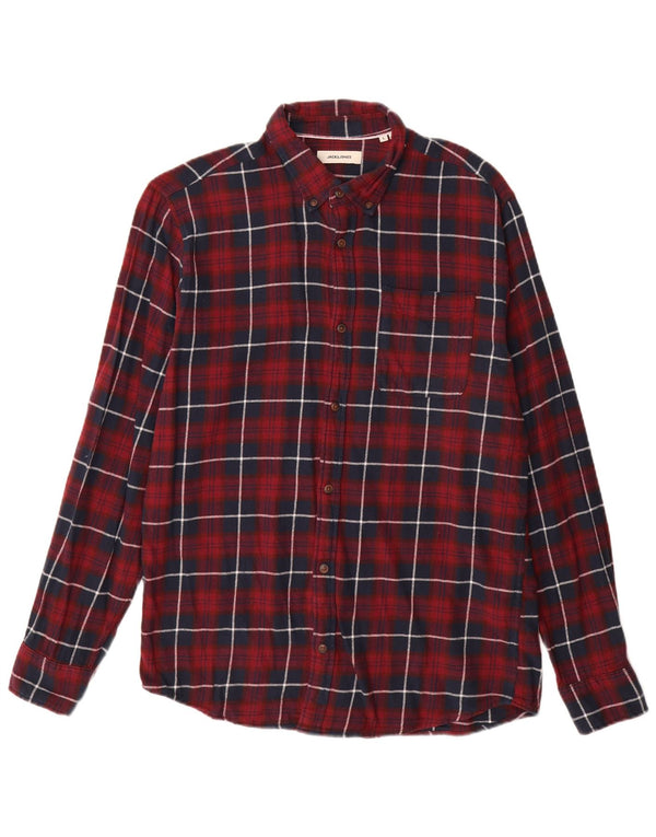 JACK & JONES Mens Flannel Shirt Large Burgundy Check Cotton