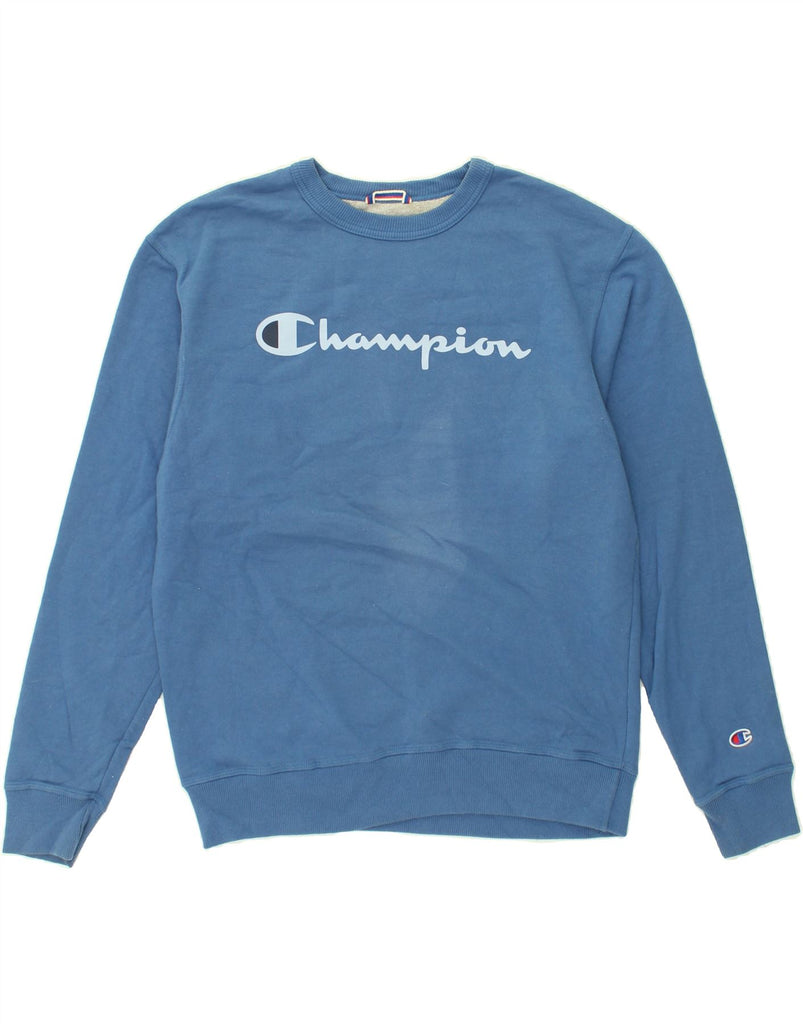 CHAMPION Mens Graphic Sweatshirt Jumper Medium Blue Cotton | Vintage Champion | Thrift | Second-Hand Champion | Used Clothing | Messina Hembry 