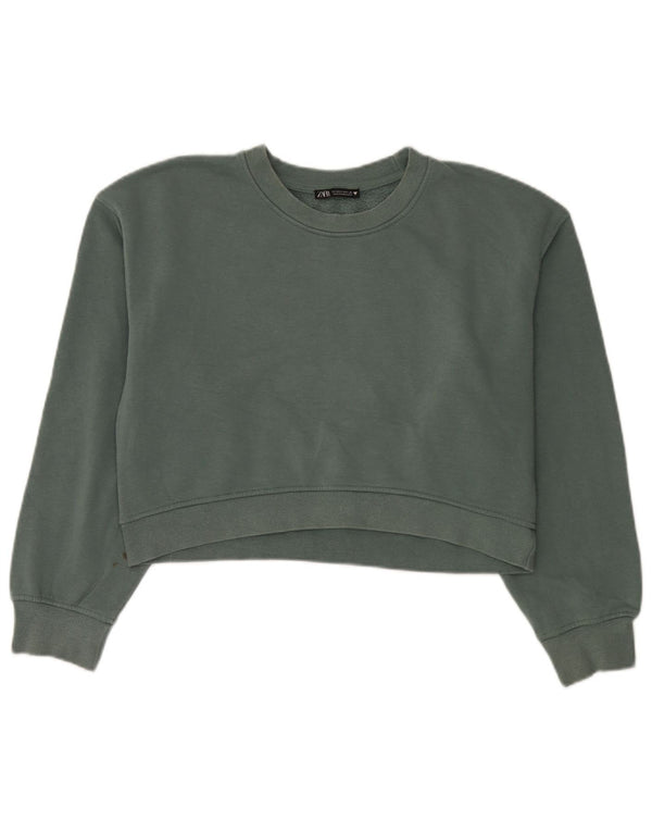Zara Womens Crop Oversized Sweatshirt Jumper UK 14 Medium Green Cotton