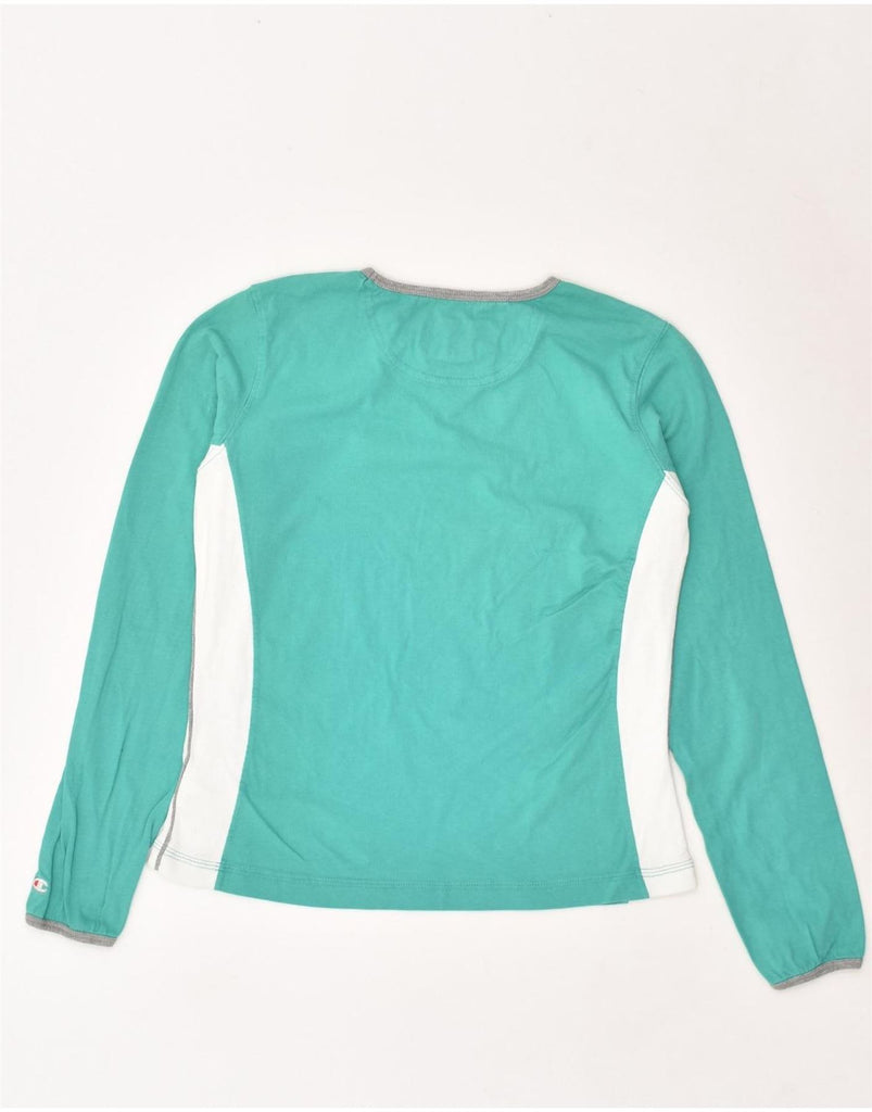 CHAMPION Womens Top Long Sleeve UK 14 Large Turquoise Colourblock Cotton | Vintage Champion | Thrift | Second-Hand Champion | Used Clothing | Messina Hembry 