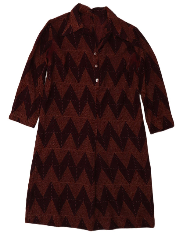 Vintage Womens 3/4 Sleeve Basic Dress UK 12 Medium Burgundy Chevron