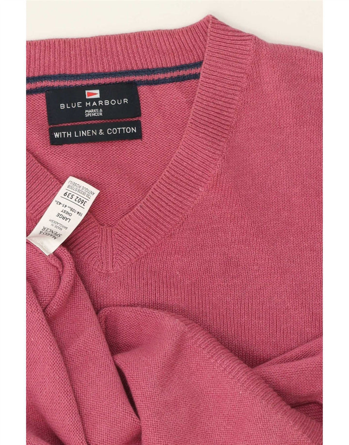 Marks & Spencer Mens Blue Harbour V-Neck Jumper Sweater Large Pink Linen