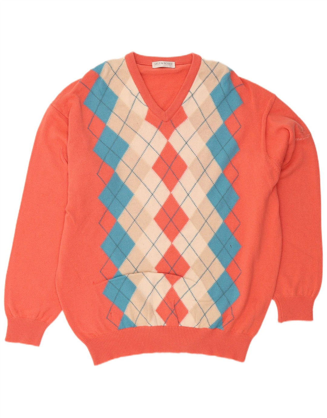 LYLE & SCOTT Mens V-Neck Jumper Sweater XL Orange Argyle/Diamond