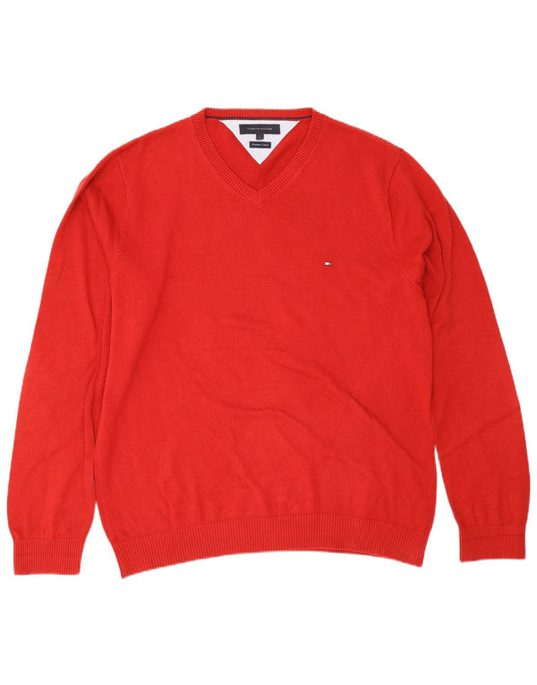 Tommy Hilfiger Mens V-Neck Jumper Sweater Large Red Cotton