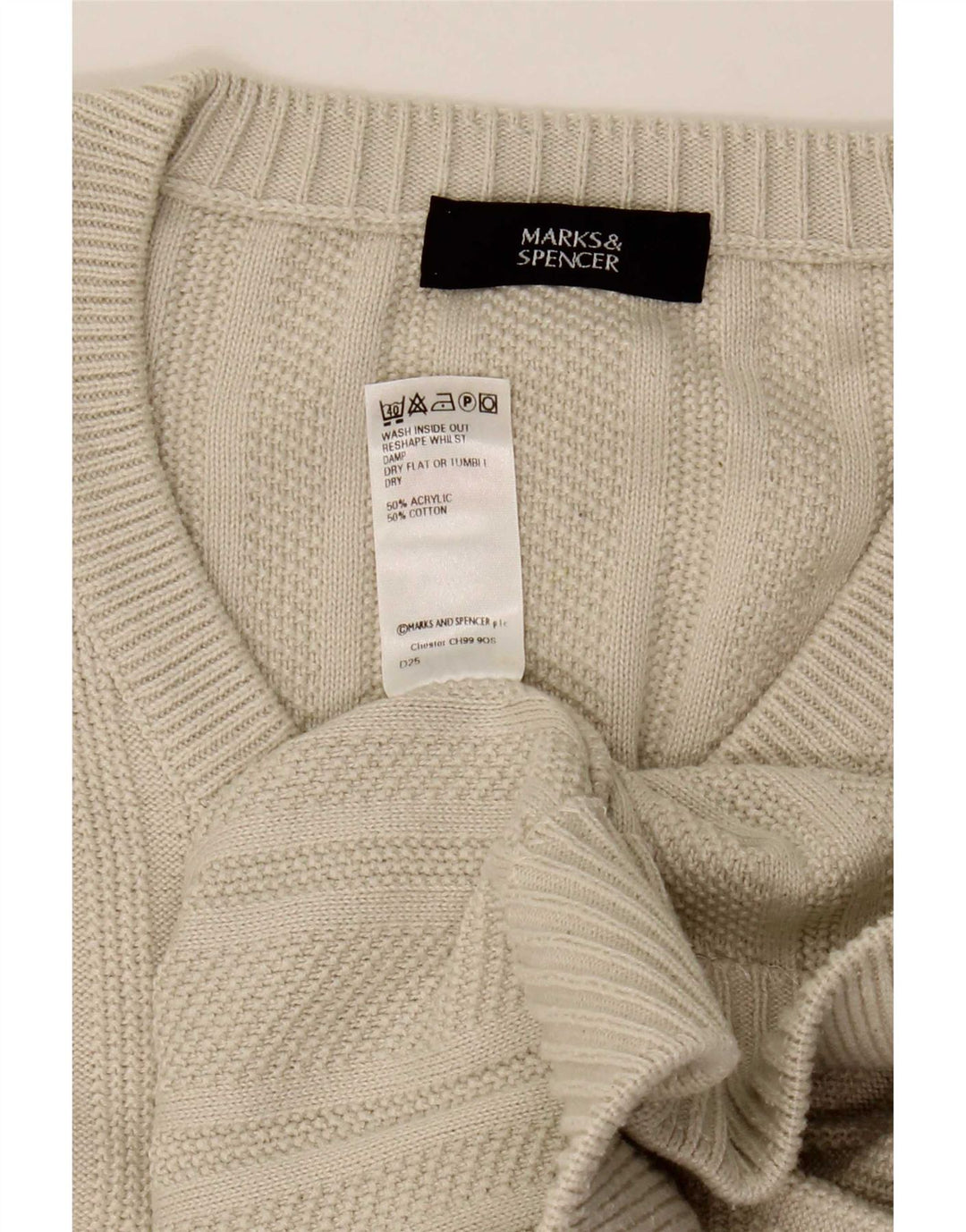 Marks & Spencer Mens V-Neck Jumper Sweater Large Beige Acrylic