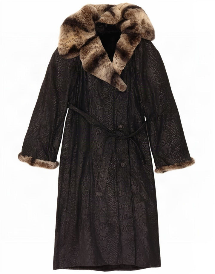 Vintage Womens Leather Coat UK 10 Small Black Animal Print