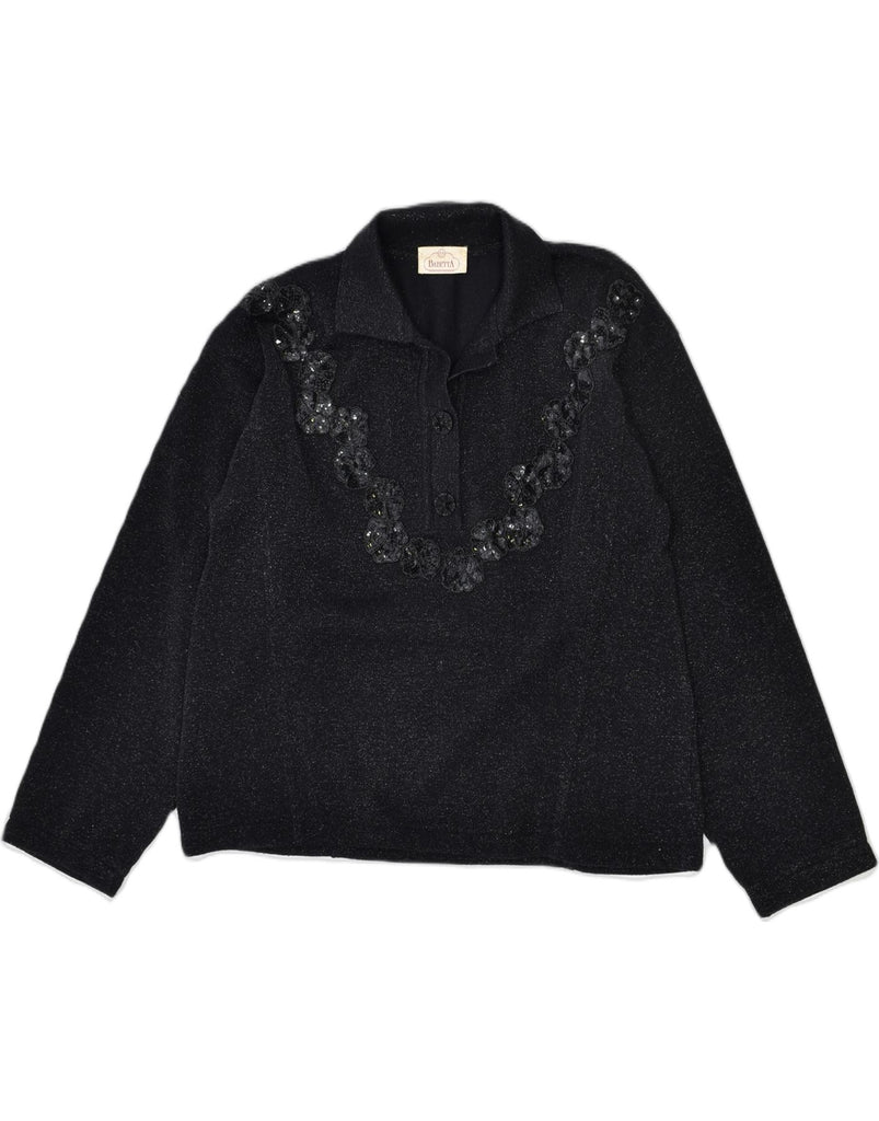 VINTAGE Womens Polo Neck Jumper Sweater UK 14 Large Black Floral | Vintage | Thrift | Second-Hand | Used Clothing | Messina Hembry 