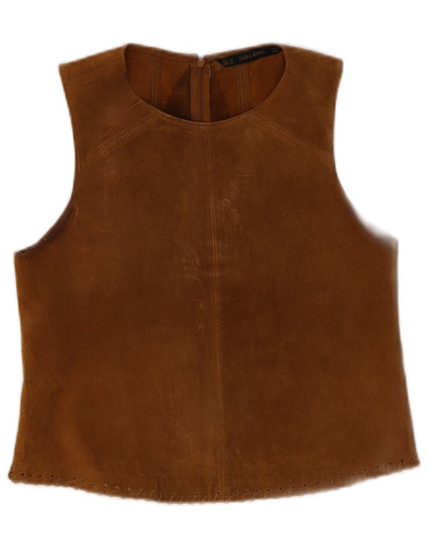Zara Womens Sleeveless Suede Blouse Top UK 6 XS Beige Leather