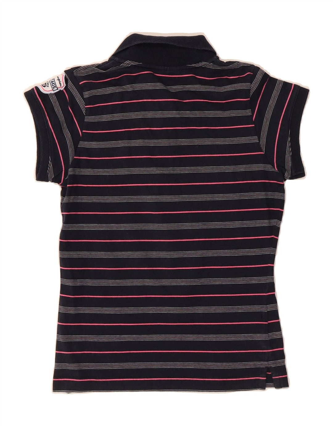 CHAMPION Womens Polo Shirt UK 12 Medium Navy Blue Striped Vintage Champion and Second-Hand Champion from Messina Hembry 