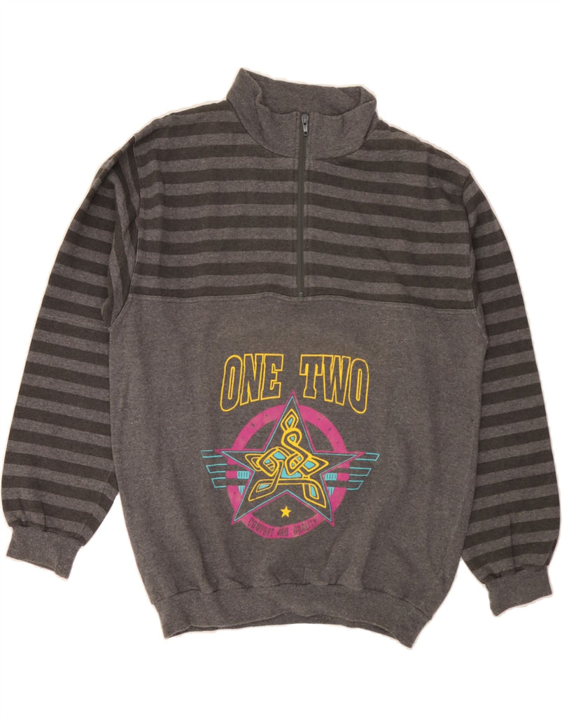 VINTAGE Boys Graphic Zip Neck Sweatshirt Jumper 15-16 Years Grey Striped Vintage Vintage and Second-Hand Vintage from Messina Hembry 