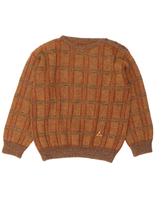 Vintage Mens Boat Neck Jumper Sweater Large Brown Check Acrylic