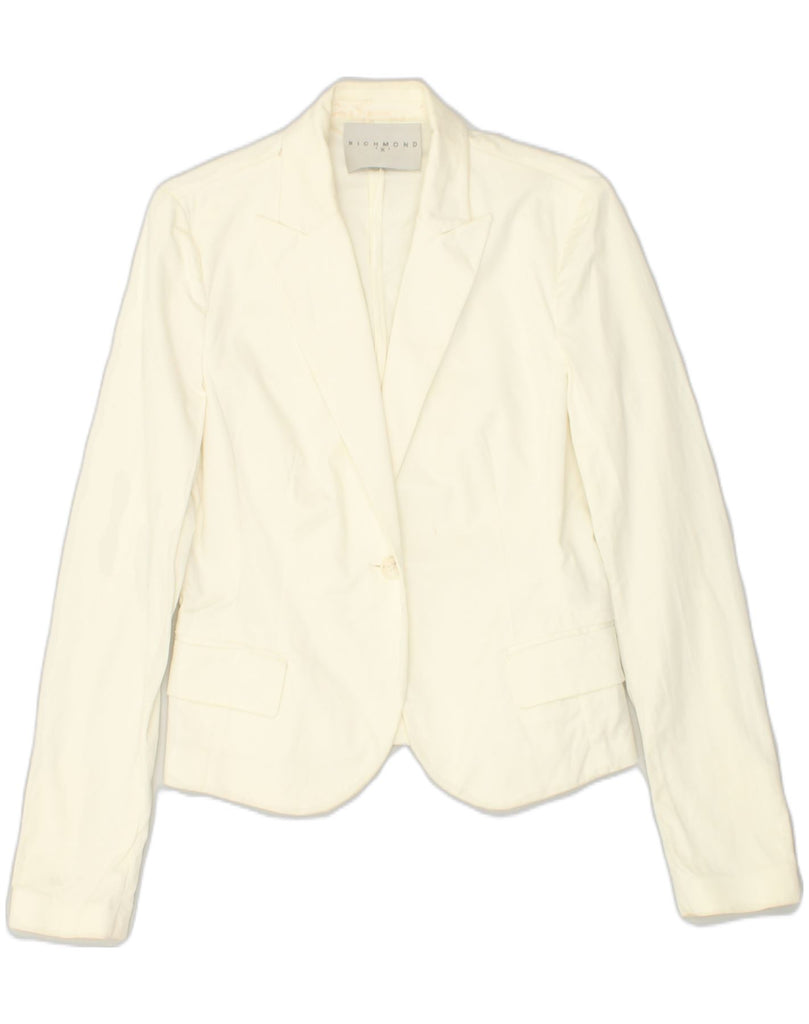 RICHMOND Womens 1 Button Blazer Jacket IT 44 Medium Off White Cotton | Vintage Richmond | Thrift | Second-Hand Richmond | Used Clothing | Messina Hembry 