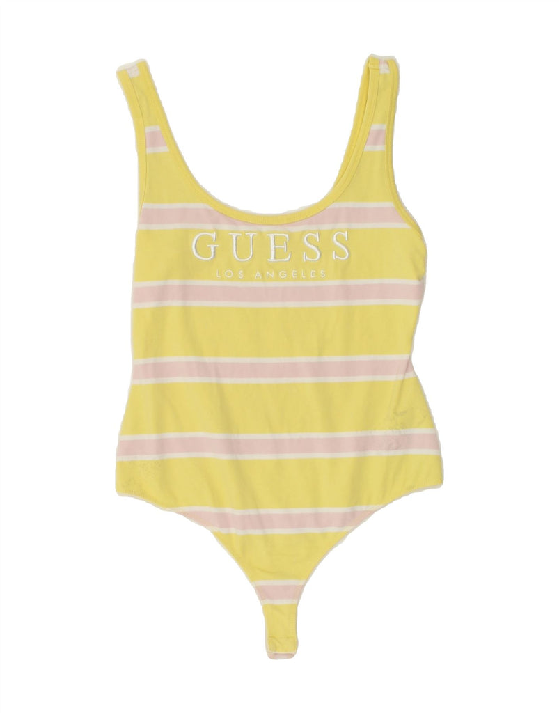 GUESS Womens Graphic Swimwear UK 8 Small Yellow Striped | Vintage Guess | Thrift | Second-Hand Guess | Used Clothing | Messina Hembry 