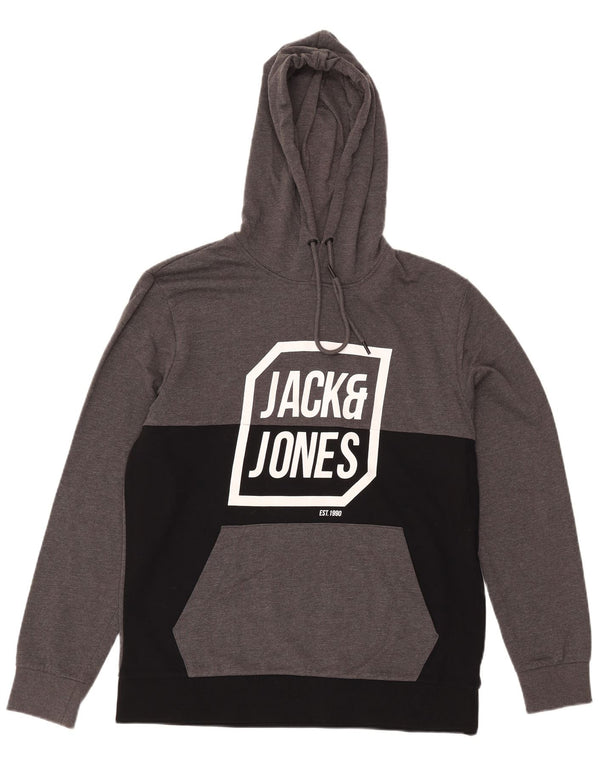 Jack & Jones Mens Graphic Hoodie Jumper XL Grey Colourblock Cotton