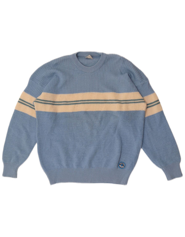 Vintage Mens Crew Neck Jumper Sweater IT 50 Medium Blue Striped Wool