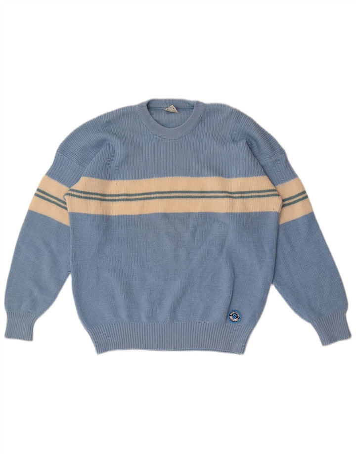 Vintage Mens Crew Neck Jumper Sweater IT 50 Medium Blue Striped Wool
