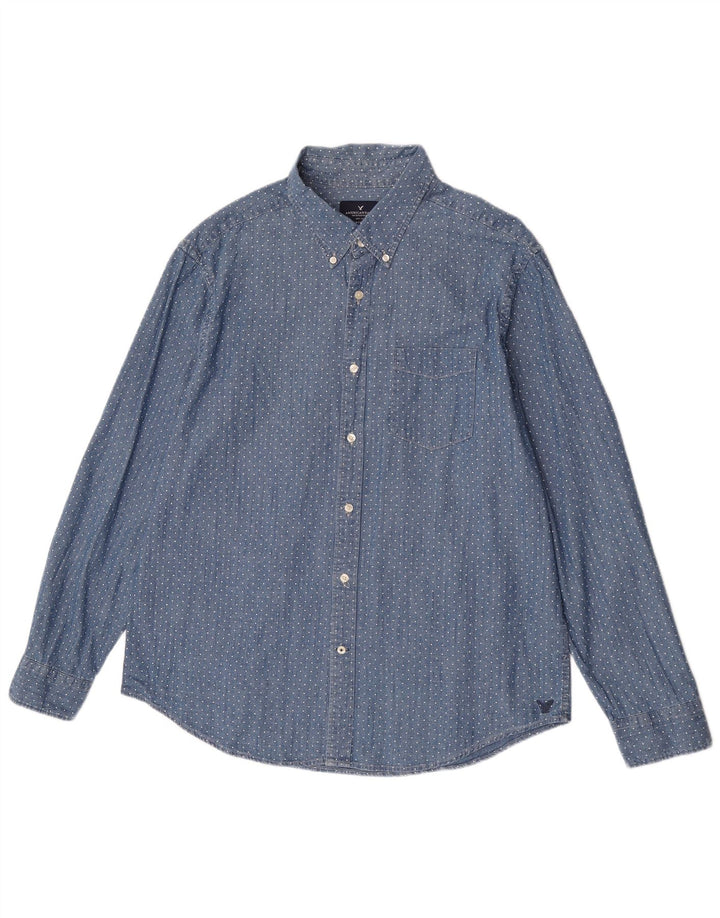 American Eagle Mens Classic Fit Denim Shirt XL Blue Spotted Cotton