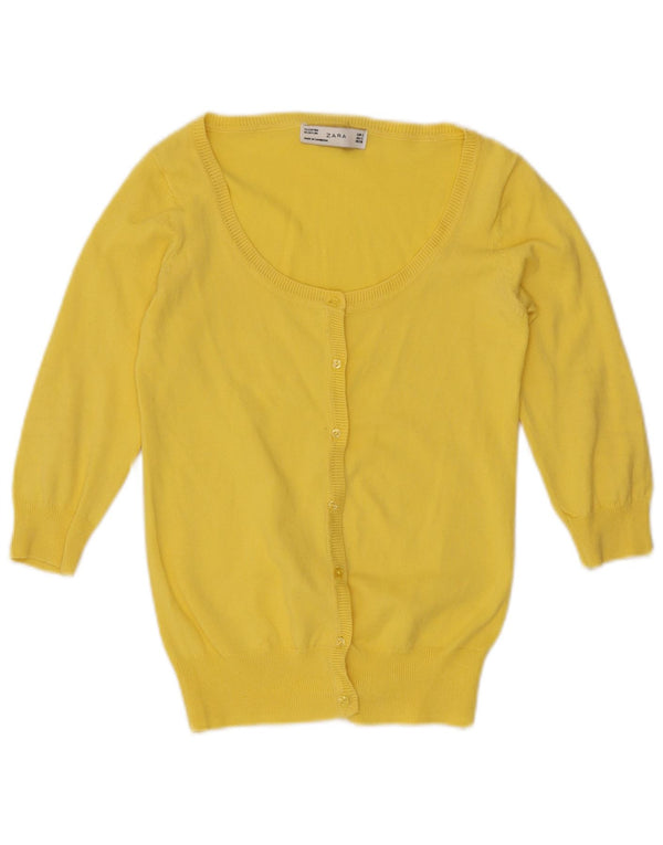 Zara Womens 3/4 Sleeve Cardigan Sweater UK 8 Small Yellow Cotton