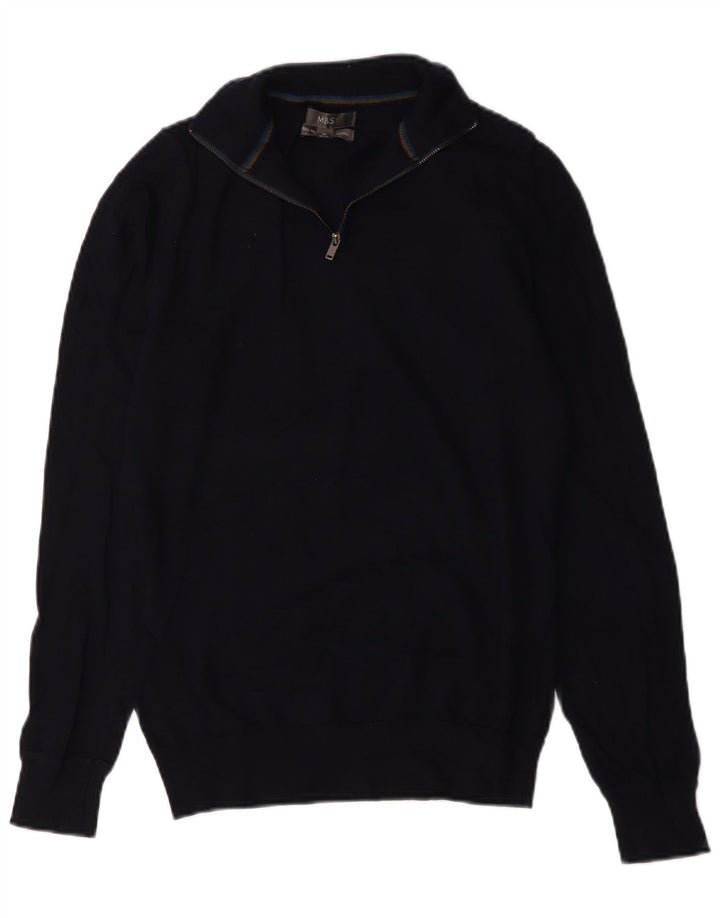 Marks & Spencer Mens Zip Neck Jumper Sweater Small Navy Blue Merino Wool