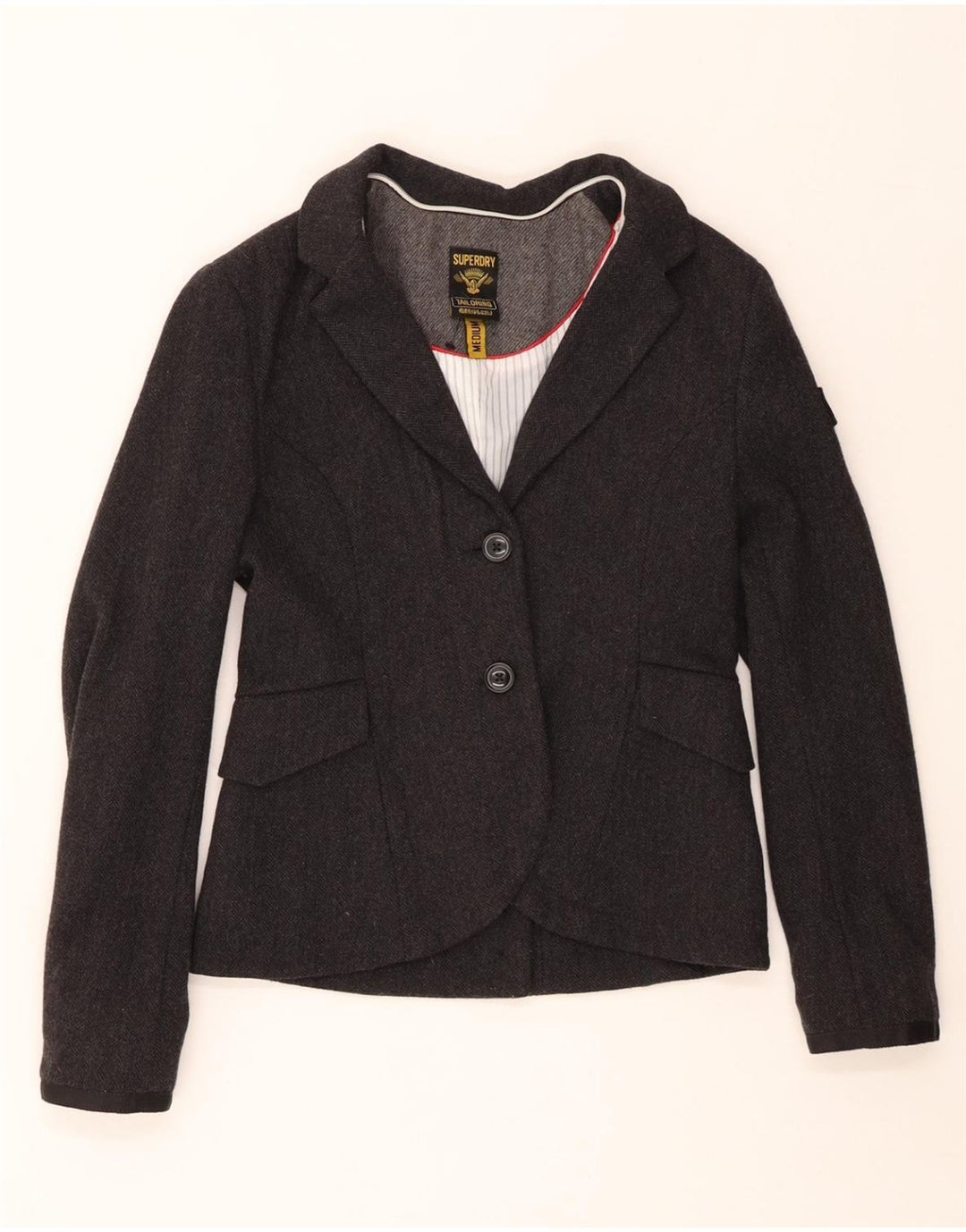 SUPERDRY Womens 2 Button Blazer Jacket UK 12 Medium Grey Herringbone Wool