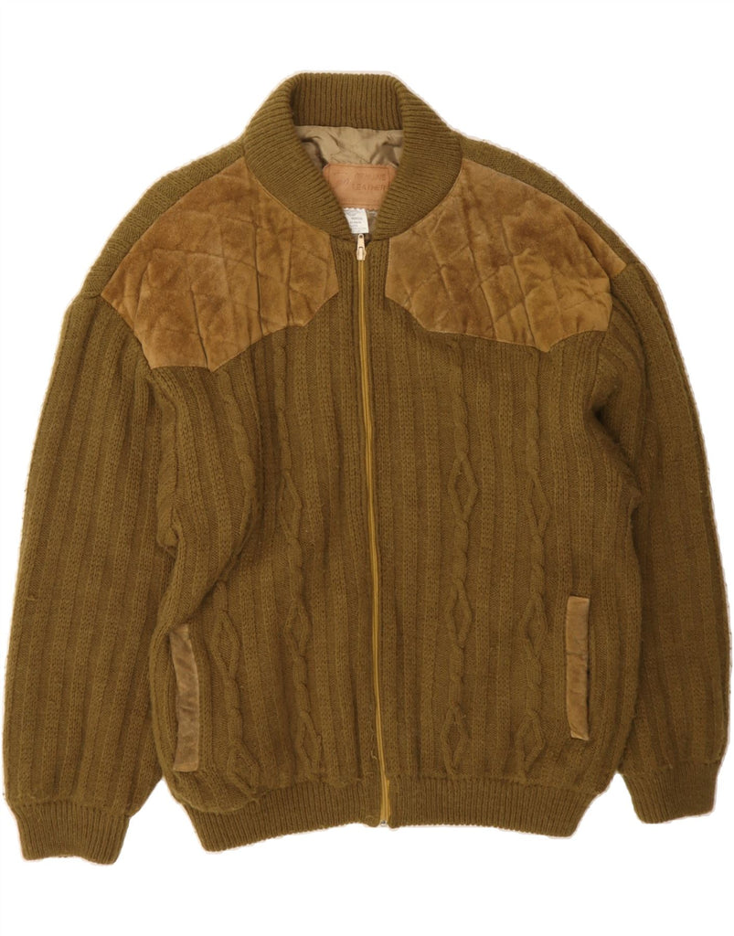 VINTAGE Mens Knit Leather Coat UK 42 XL Khaki Leather Vintage Vintage and Second-Hand Vintage from Messina Hembry 