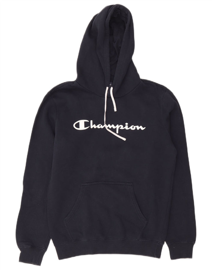 Champion Mens Graphic Hoodie Jumper Medium Navy Blue Cotton