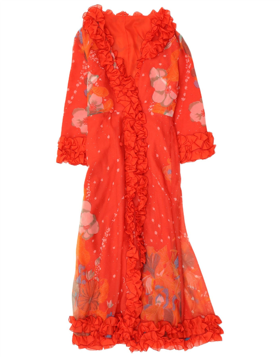 VINTAGE Womens Ruffle Robe Maxi Dress UK 12 Medium Red Floral