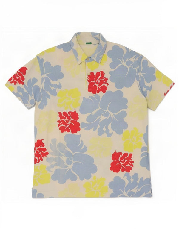 Benetton Mens Polo Shirt XL White Floral