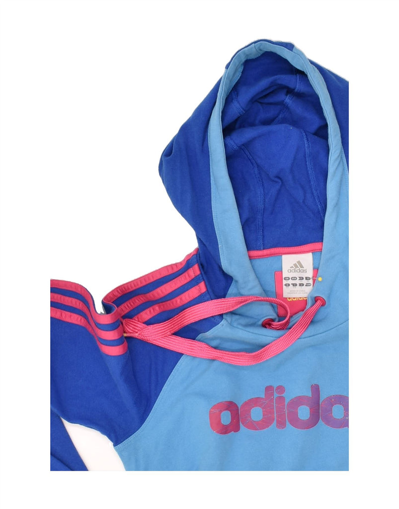 ADIDAS Girls Graphic Hoodie Jumper 11-12 Years Blue Colourblock Cotton | Vintage Adidas | Thrift | Second-Hand Adidas | Used Clothing | Messina Hembry 