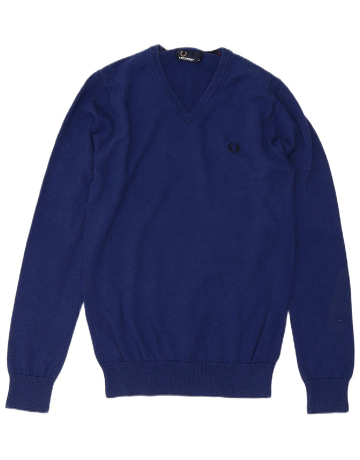 FRED PERRY Mens V-Neck Jumper Sweater XS Blue Wool