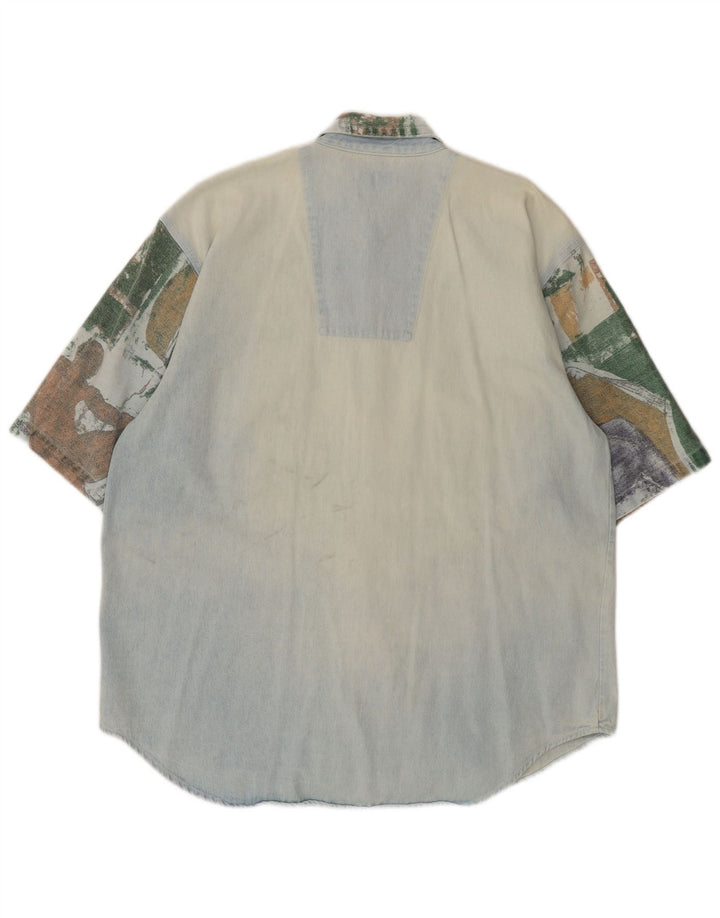 Vintage Mens Short Sleeve Denim Shirt Large Blue Patchwork Retro