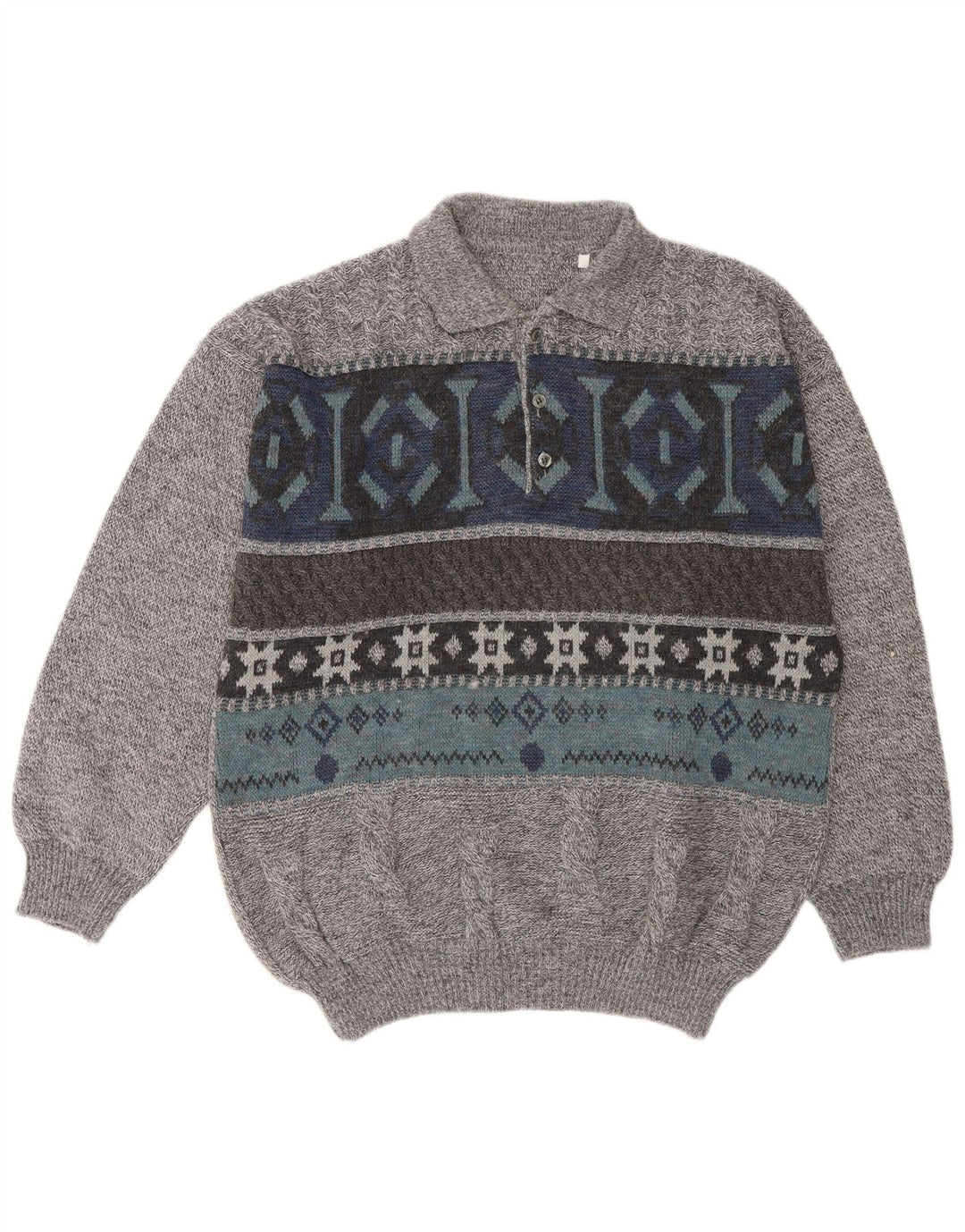 Vintage Mens Polo Neck Jumper Sweater Large Grey Geometric Wool