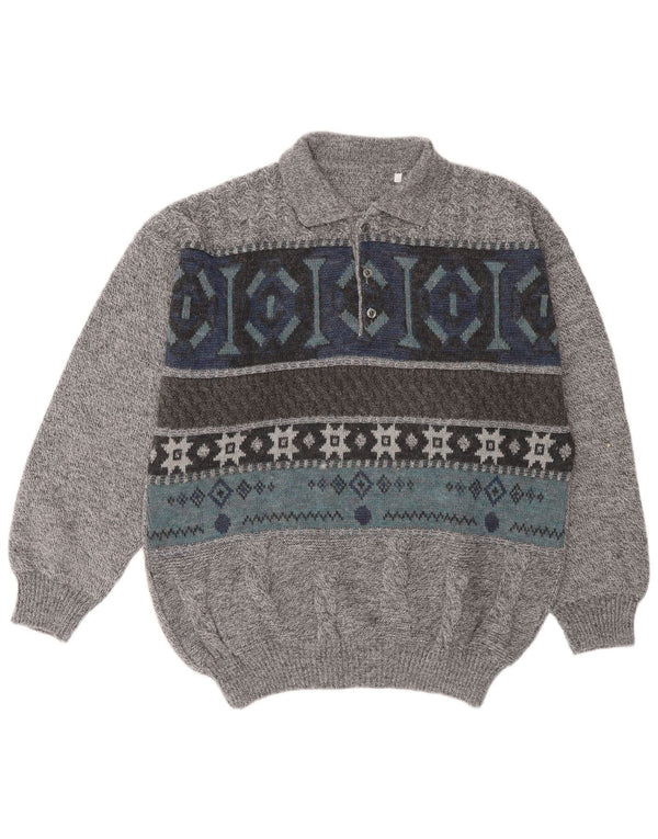 Vintage Mens Polo Neck Jumper Sweater Large Grey Geometric Wool