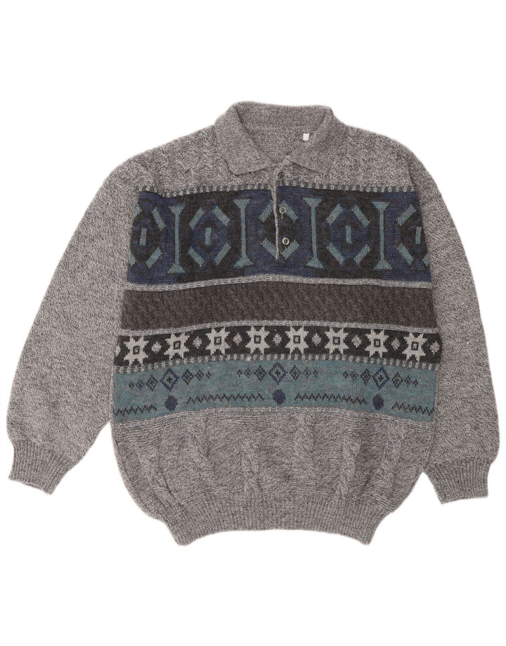 Vintage Mens Polo Neck Jumper Sweater Large Grey Geometric Wool