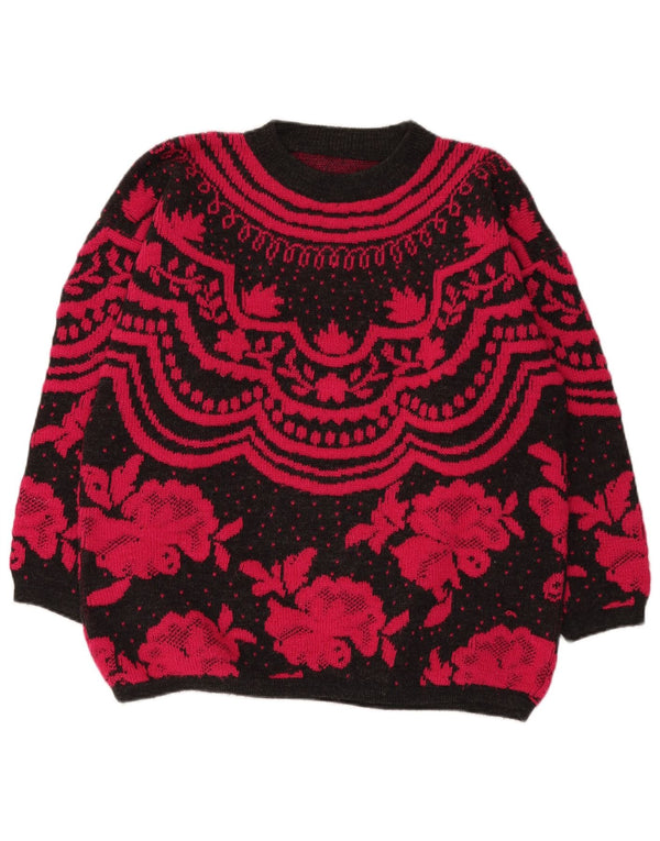 Vintage Womens Boat Neck Jumper Sweater UK 14 Large Black Floral Wool