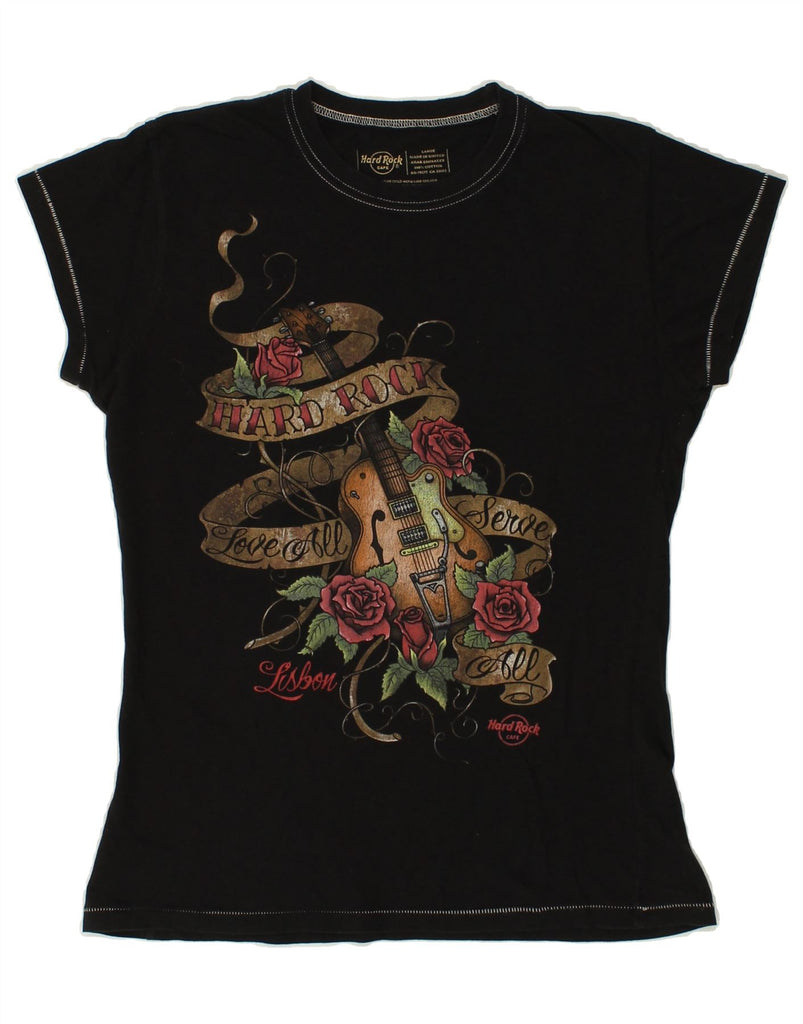 HARD ROCK CAFE Womens Lisbon Graphic T-Shirt Top UK 16 Large Black Cotton | Vintage Hard Rock Cafe | Thrift | Second-Hand Hard Rock Cafe | Used Clothing | Messina Hembry 