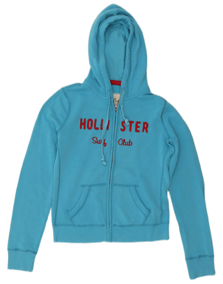 HOLLISTER Womens Graphic Zip Hoodie Sweater UK 14 Medium Blue Cotton