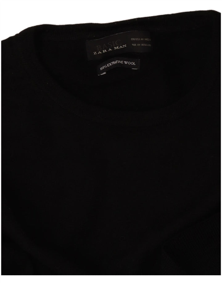 Zara Mens Crew Neck Jumper Sweater Medium Black Wool