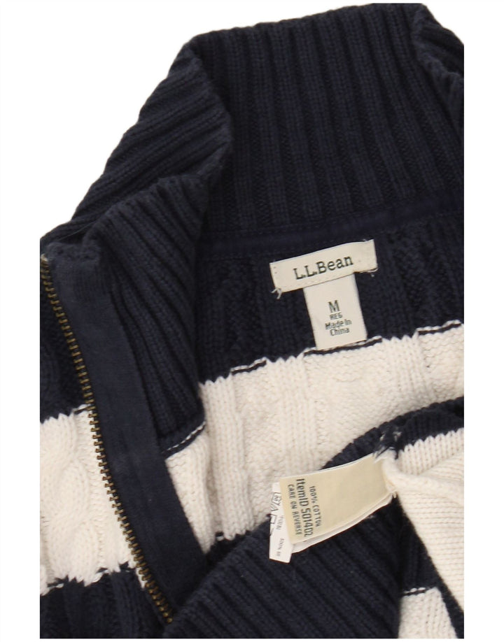 L.L.BEAN Womens Cardigan Sweater UK 14 Medium Navy Blue Striped Cotton