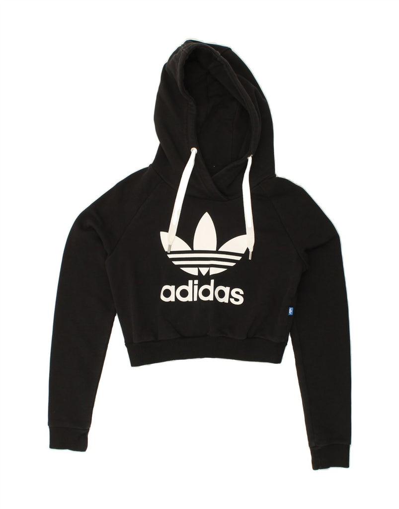 ADIDAS Womens Graphic Crop Hoodie Jumper UK 6 XS Black Cotton | Vintage Adidas | Thrift | Second-Hand Adidas | Used Clothing | Messina Hembry 