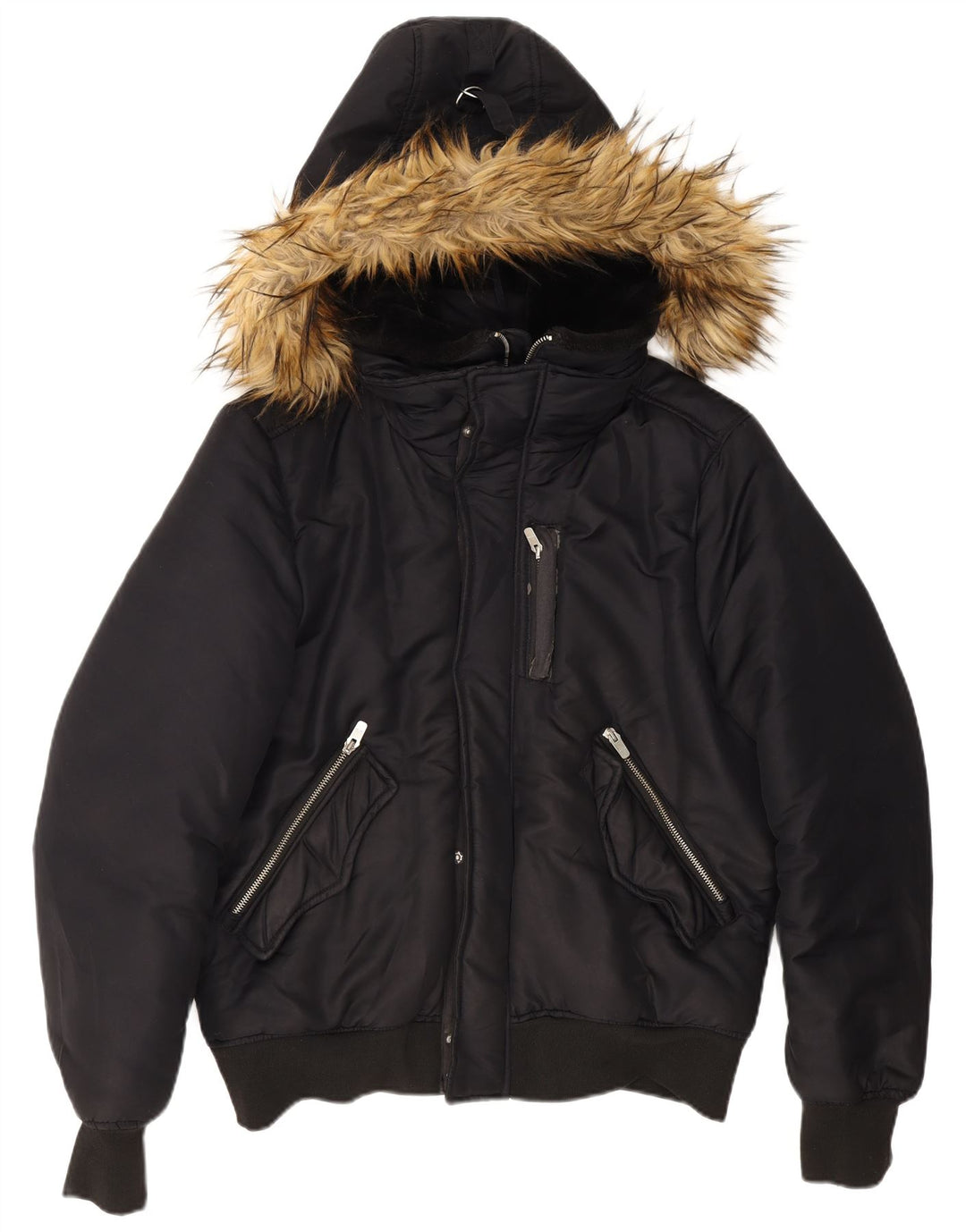 Zara Mens Hooded Bomber Jacket UK 40 Large Navy Blue Polyester