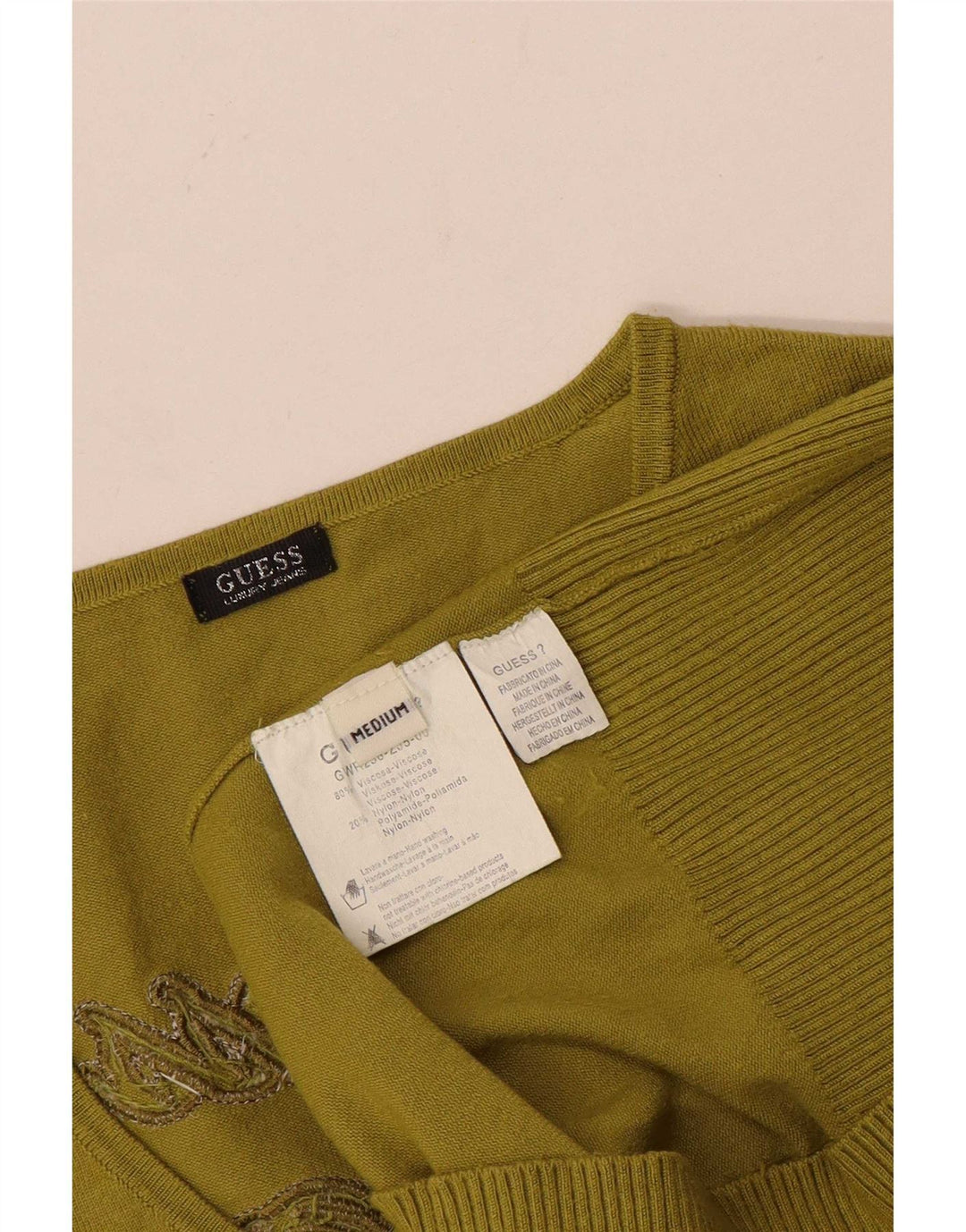 Guess Womens Graphic V-Neck Jumper Sweater UK 16 Medium Green Viscose