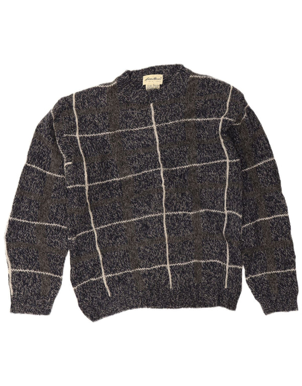 Eddie Bauer Mens Crew Neck Jumper Sweater Medium Navy Blue Check Wool