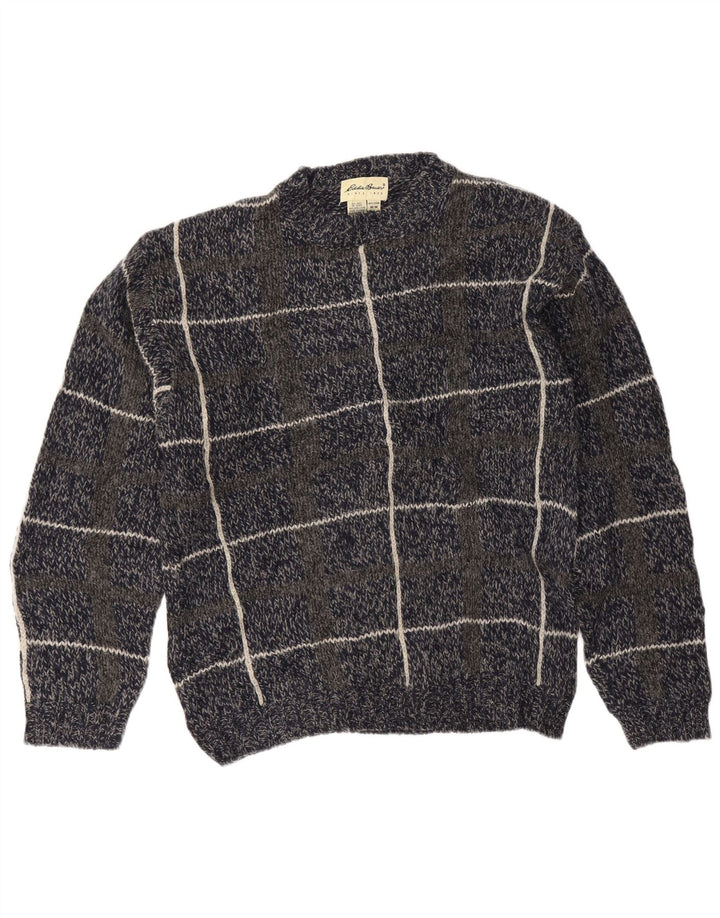 Eddie Bauer Mens Crew Neck Jumper Sweater Medium Navy Blue Check Wool