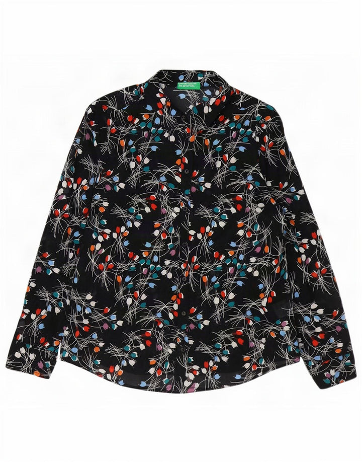 Benetton Womens Shirt UK 14 Medium Black Floral Cotton