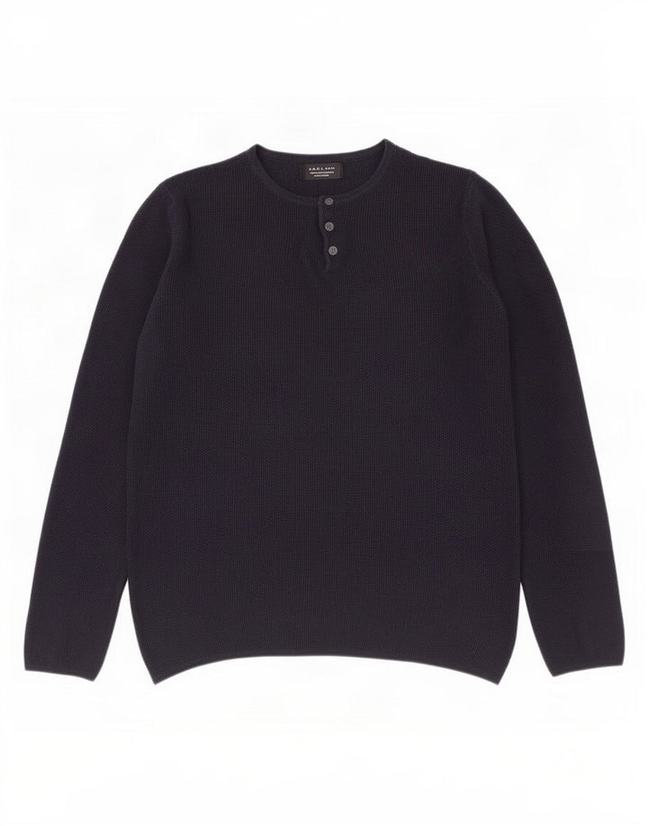 Zara Mens Button Neck Jumper Sweater Small Navy Blue Acrylic