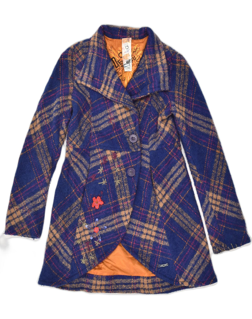 DESIGUAL Womens Slim Fit Overcoat IT 42 Medium Blue Check Wool | Vintage Desigual | Thrift | Second-Hand Desigual | Used Clothing | Messina Hembry 