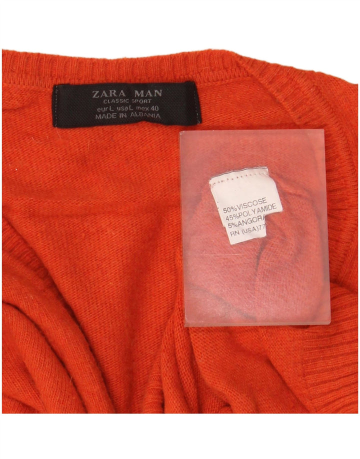 Zara Mens V-Neck Jumper Sweater Large Orange Viscose