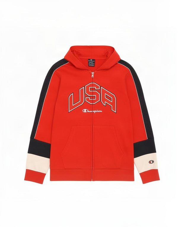 Champion Boys Graphic Zip Hoodie Sweater 11-12 Years Large Red Colourblock